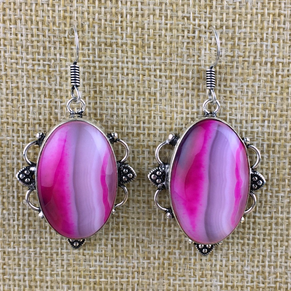 New Pink Botswana Agate Stone Hook Dangle Silver … - image 4